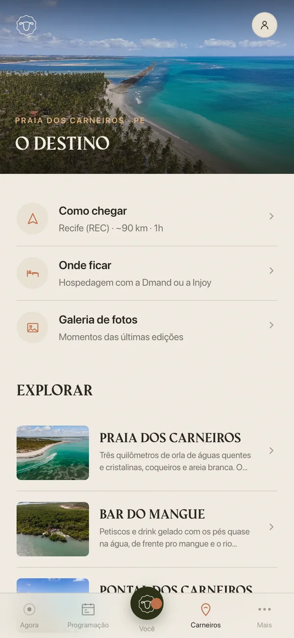 Pantalla Carneiros de la app del Réveillon Carneiros